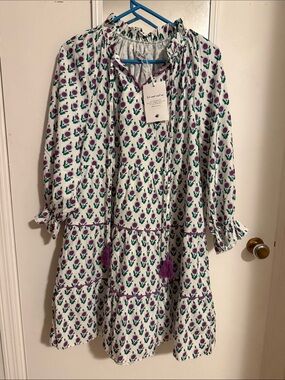 Boho Tiered White Floral Dress with Purple Accents